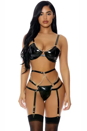 Ensemble 3 pièces à jarretelles en faux cuir - J Lingerie