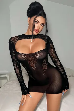 Robe résille noire décolletée à manches longues - J Lingerie