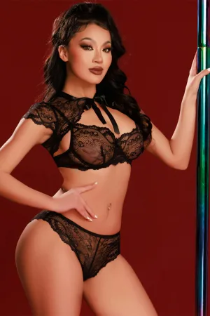 Ensemble soutien-gorge, tanga et caraco noir - J Lingerie