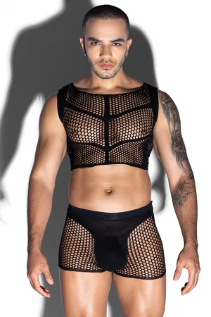 Ensemble top et boxer noir en maille résille - J Lingerie